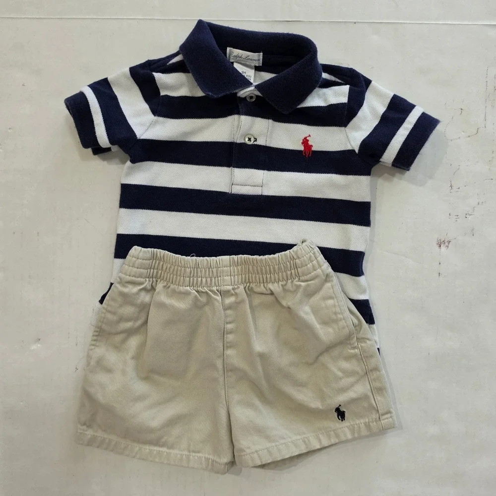 Ralph Lauren Baby Boy 9M Striped Polo Shirt and Khaki Chino Shorts Set Navy
